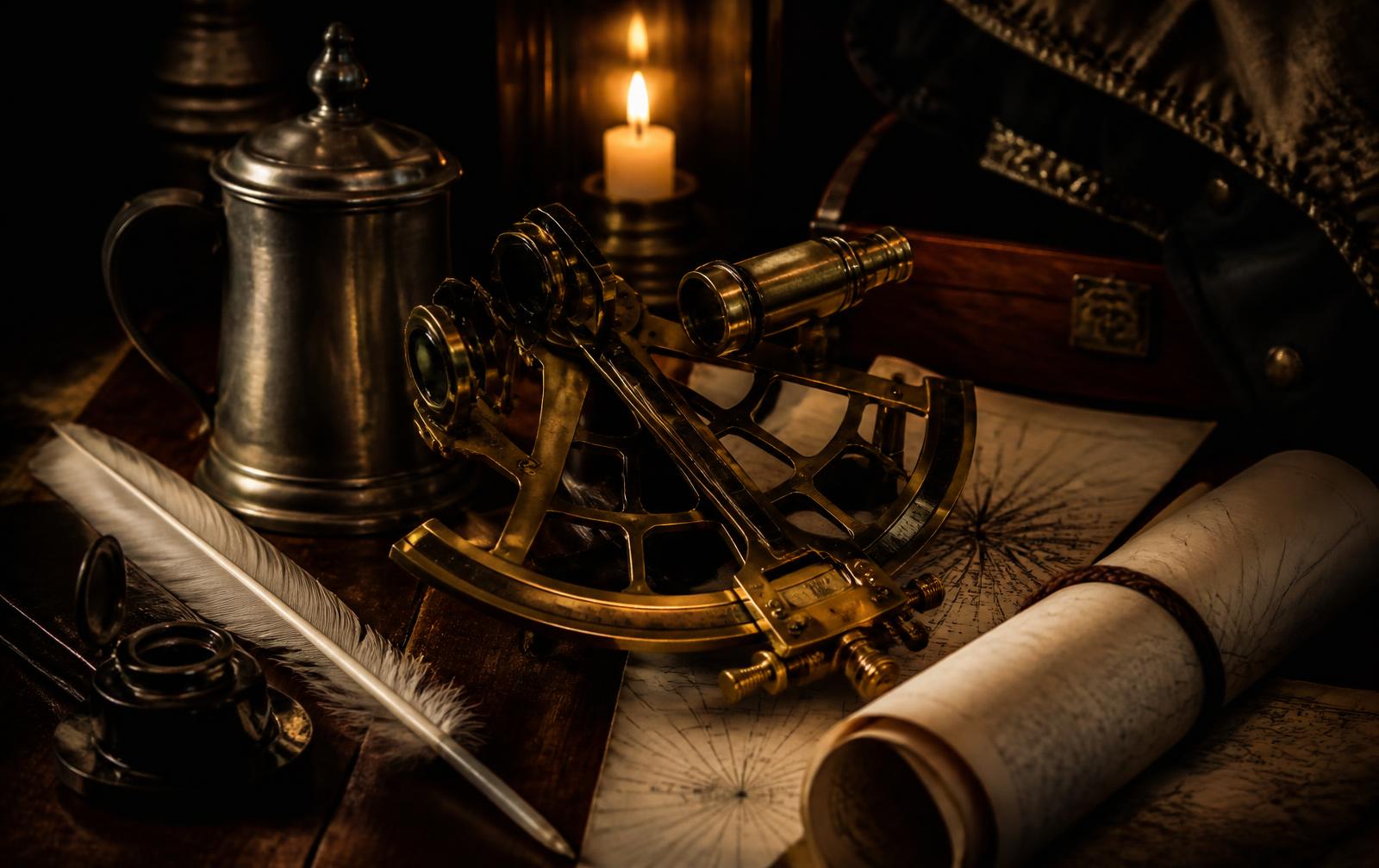 Brass sextant, charts and candlelight in a captain's cabin